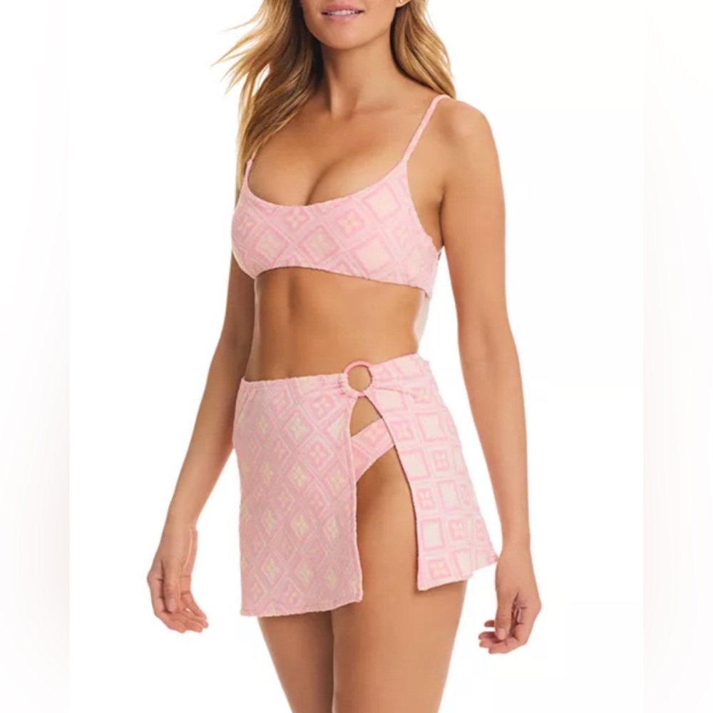3 Piece Set Red Carter Geo Jacquard Pink Bikini Top Bottom and Cover Up Skirt